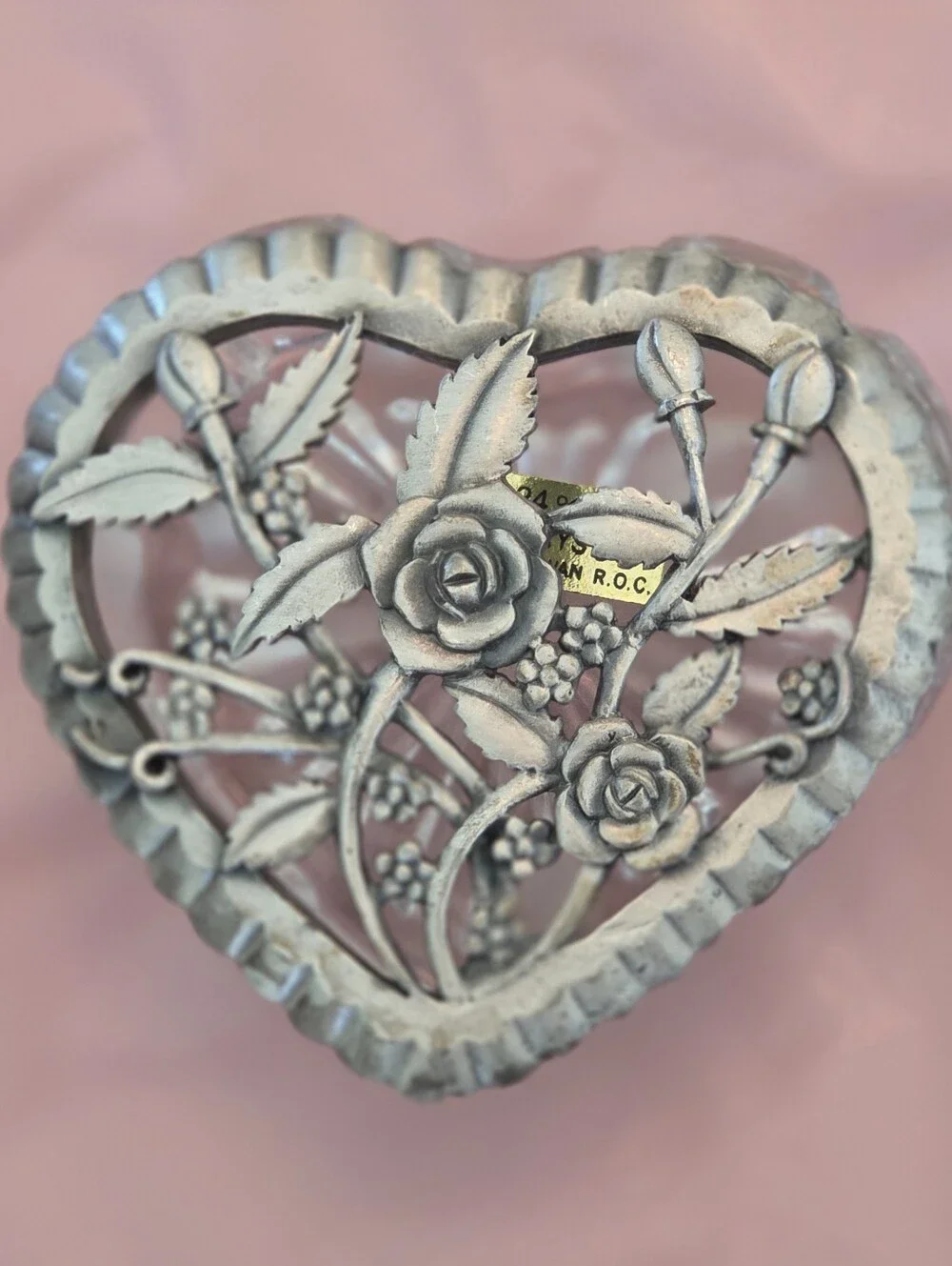 Vintage 1988 Crystal Heart Trinket Box Filigree Rose Pewter Lid